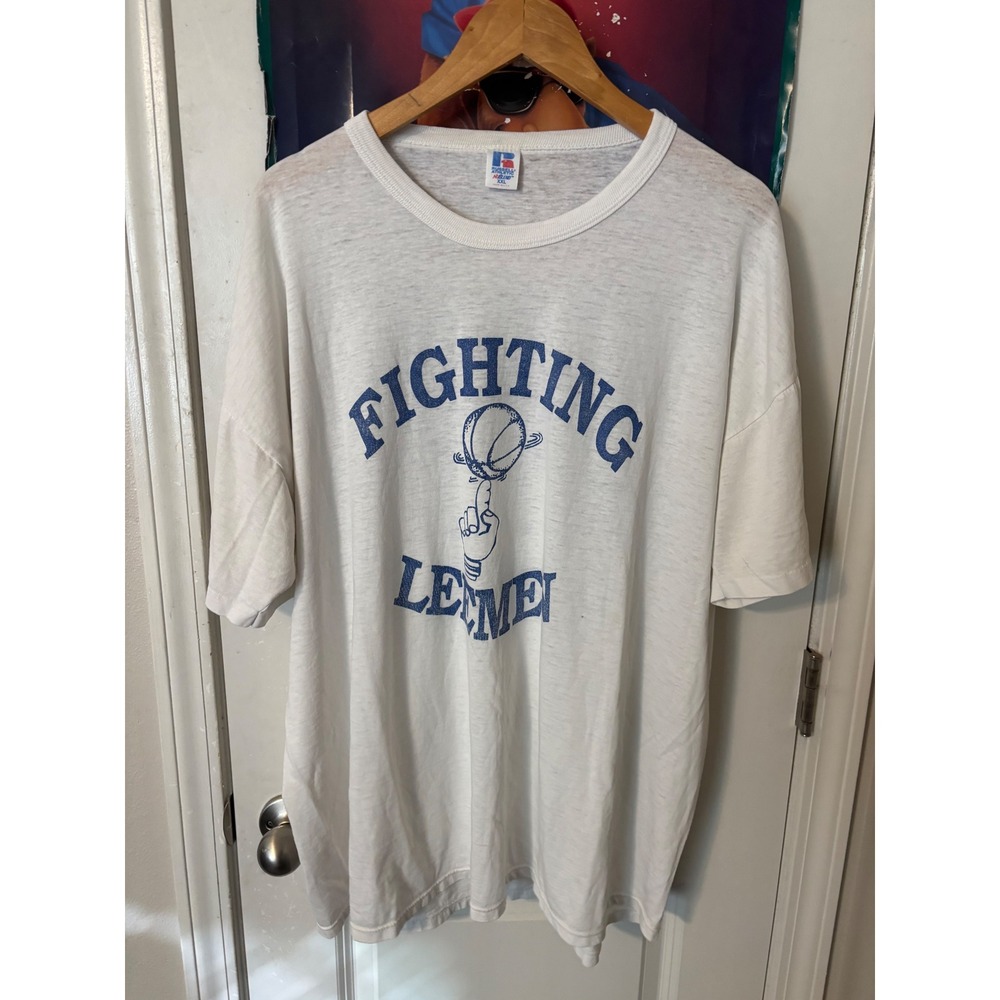 Vintage Russell Athletic Fighting Leemen Basketball T-Shirt XXL White USA thin